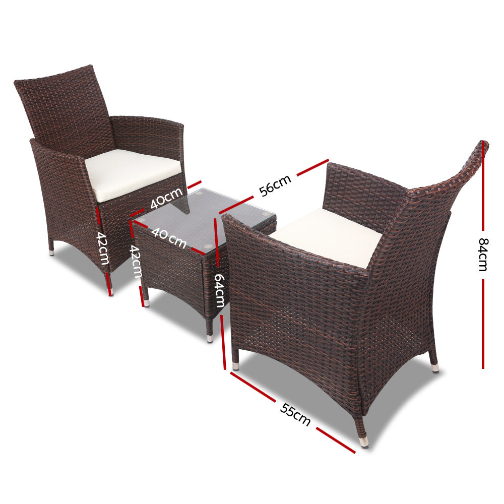 Outdoor Chairs: Gardeon 3PC Outdoor Bistro Set Patio Furniture Wicker Setting Chairs Table Cushion Brown