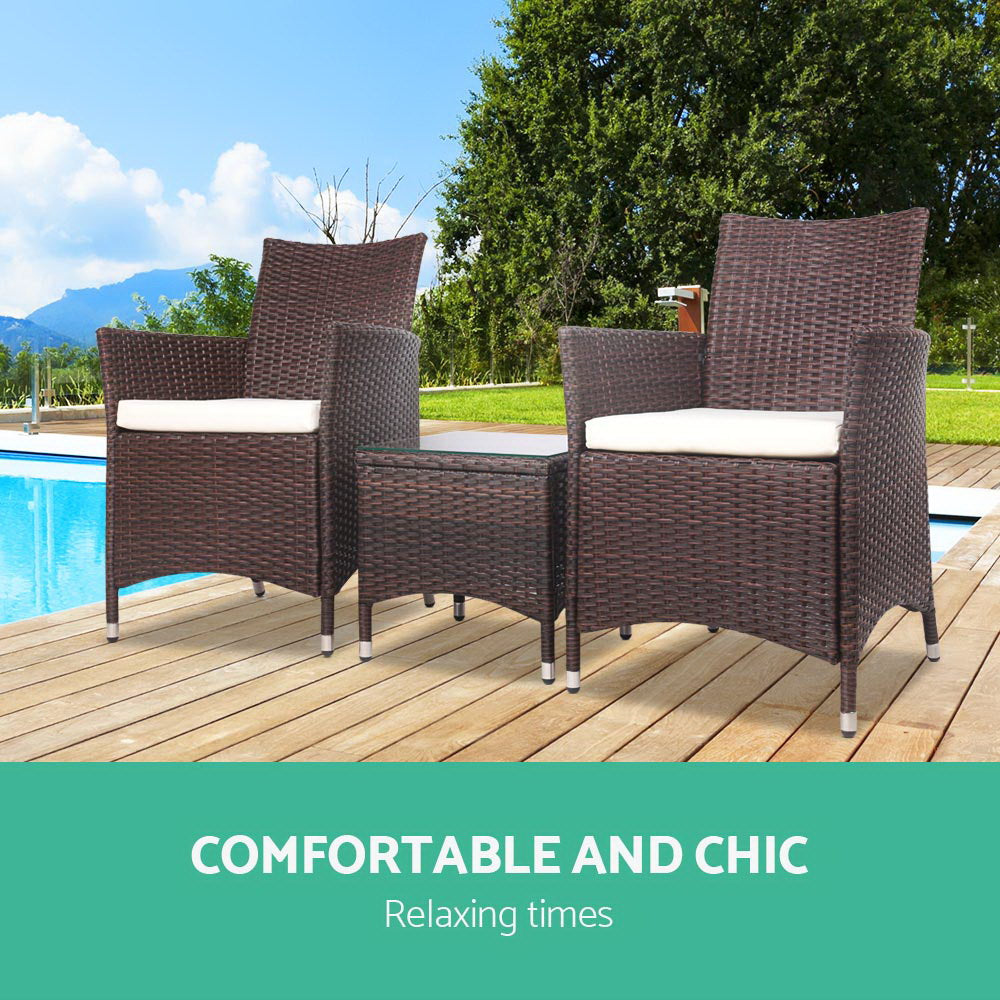 Outdoor Chairs: Gardeon 3PC Outdoor Bistro Set Patio Furniture Wicker Setting Chairs Table Cushion Brown