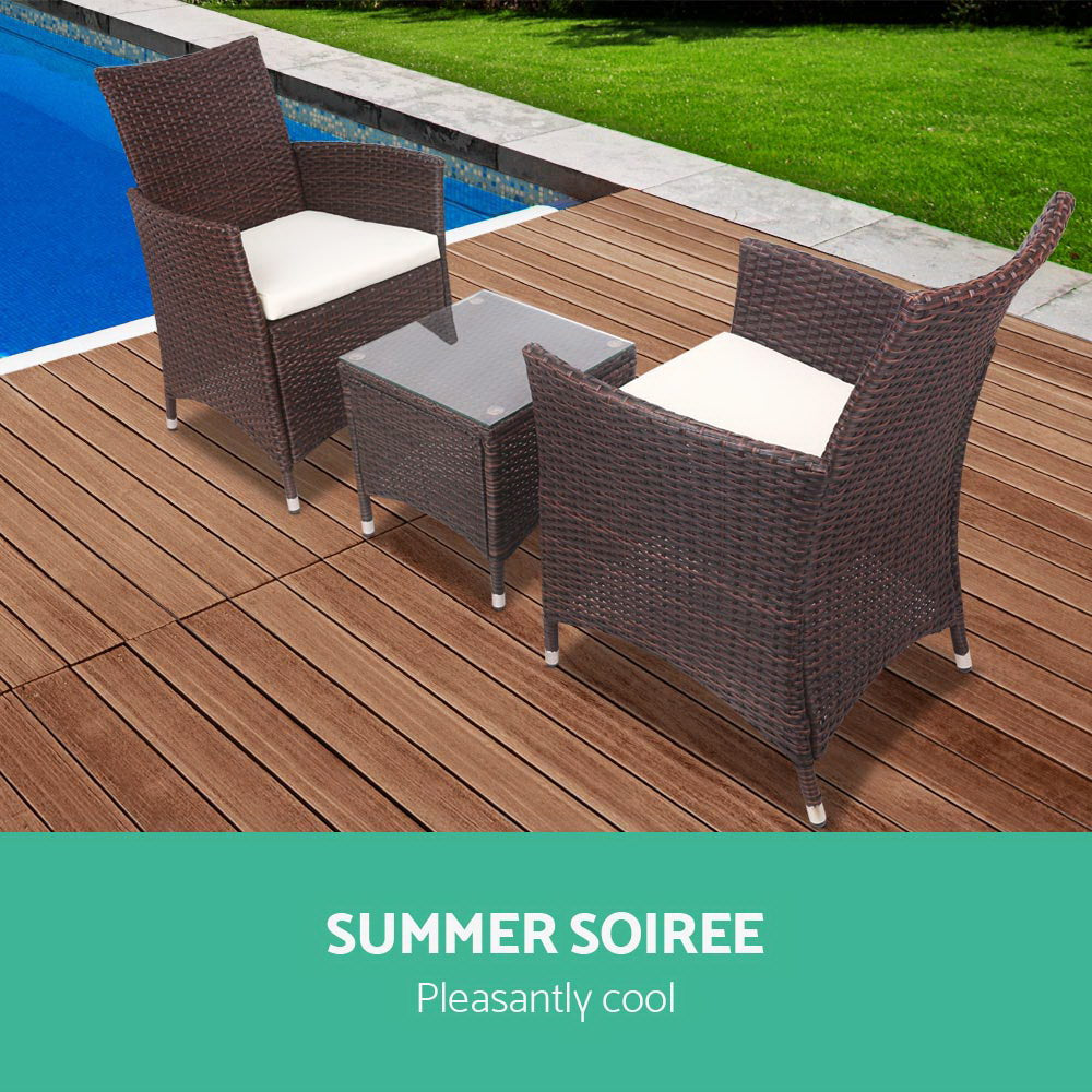 Outdoor Chairs: Gardeon 3PC Outdoor Bistro Set Patio Furniture Wicker Setting Chairs Table Cushion Brown