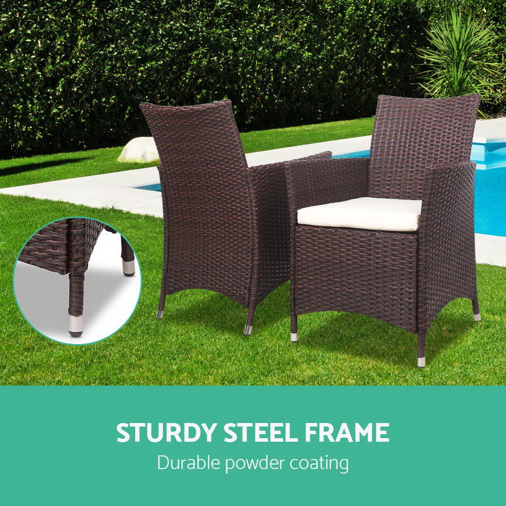 Outdoor Chairs: Gardeon 3PC Outdoor Bistro Set Patio Furniture Wicker Setting Chairs Table Cushion Brown