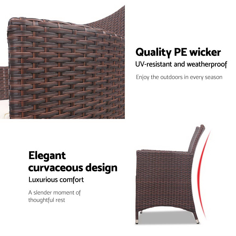Outdoor Chairs: Gardeon 3PC Outdoor Bistro Set Patio Furniture Wicker Setting Chairs Table Cushion Brown