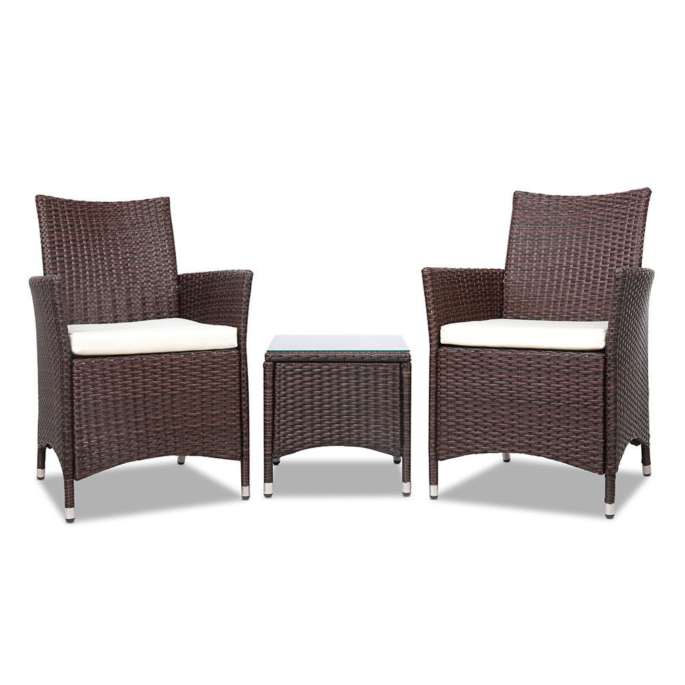 Outdoor Chairs: Gardeon 3PC Outdoor Bistro Set Patio Furniture Wicker Setting Chairs Table Cushion Brown