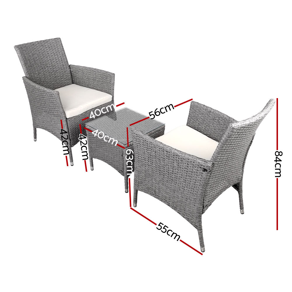 Outdoor Chairs: Gardeon 3PC Outdoor Bistro Set Patio Furniture Wicker Setting Chairs Table Cushion Grey