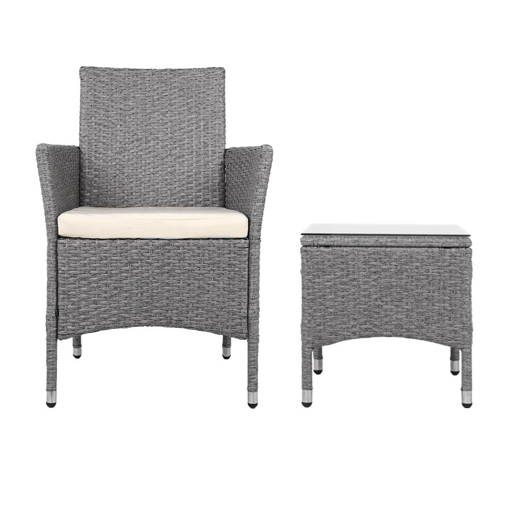 Outdoor Chairs: Gardeon 3PC Outdoor Bistro Set Patio Furniture Wicker Setting Chairs Table Cushion Grey