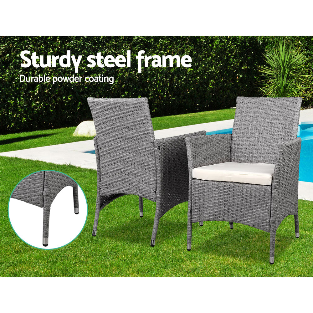 Outdoor Chairs: Gardeon 3PC Outdoor Bistro Set Patio Furniture Wicker Setting Chairs Table Cushion Grey