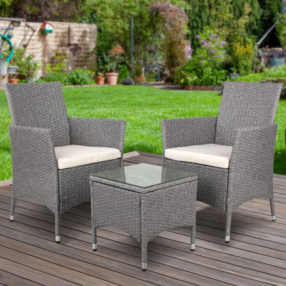 Outdoor Chairs: Gardeon 3PC Outdoor Bistro Set Patio Furniture Wicker Setting Chairs Table Cushion Grey