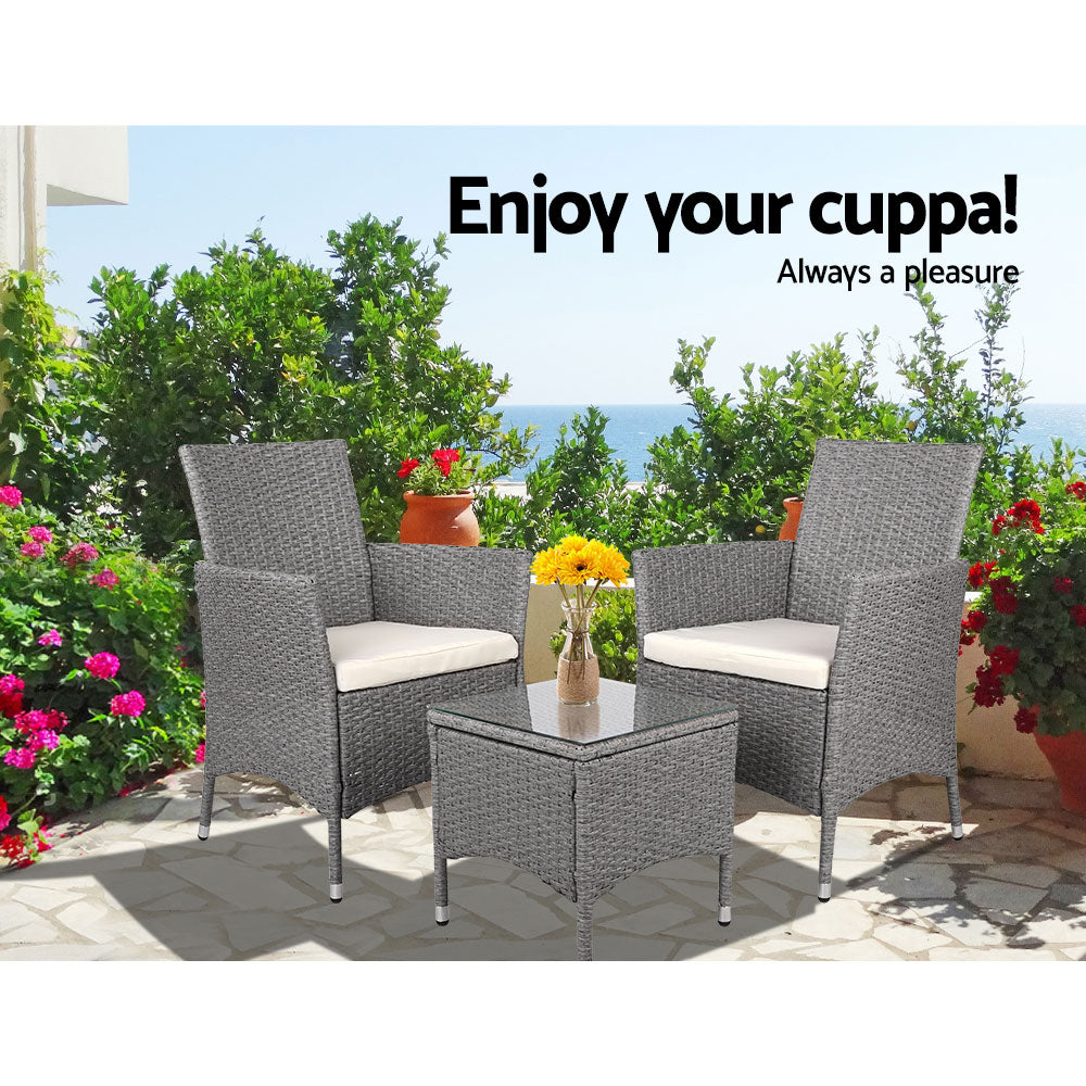 Outdoor Chairs: Gardeon 3PC Outdoor Bistro Set Patio Furniture Wicker Setting Chairs Table Cushion Grey