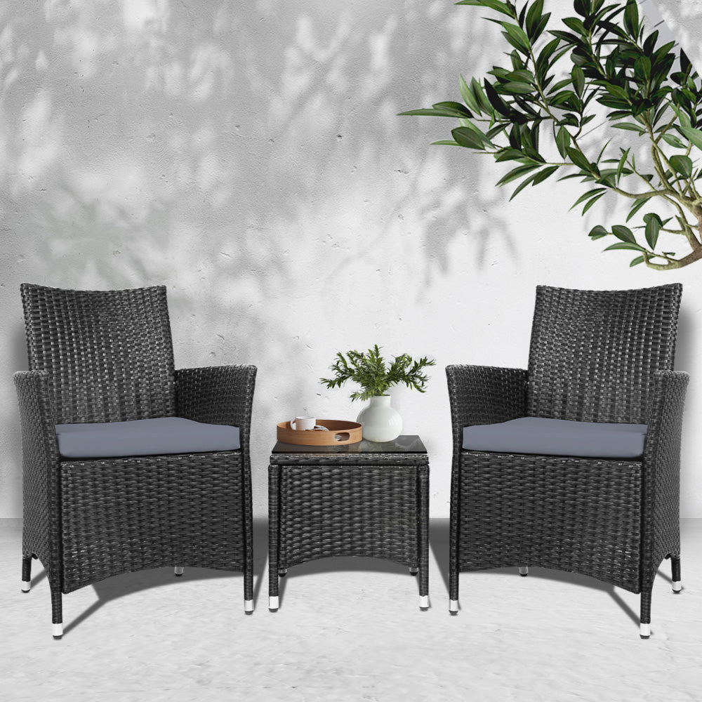 Outdoor Chairs: Gardeon 3PC Outdoor Bistro Set Patio Furniture Wicker Chairs Table Cushion All Black