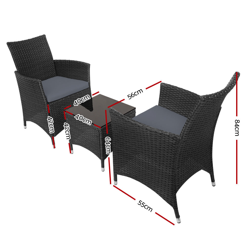 Outdoor Chairs: Gardeon 3PC Outdoor Bistro Set Patio Furniture Wicker Chairs Table Cushion All Black
