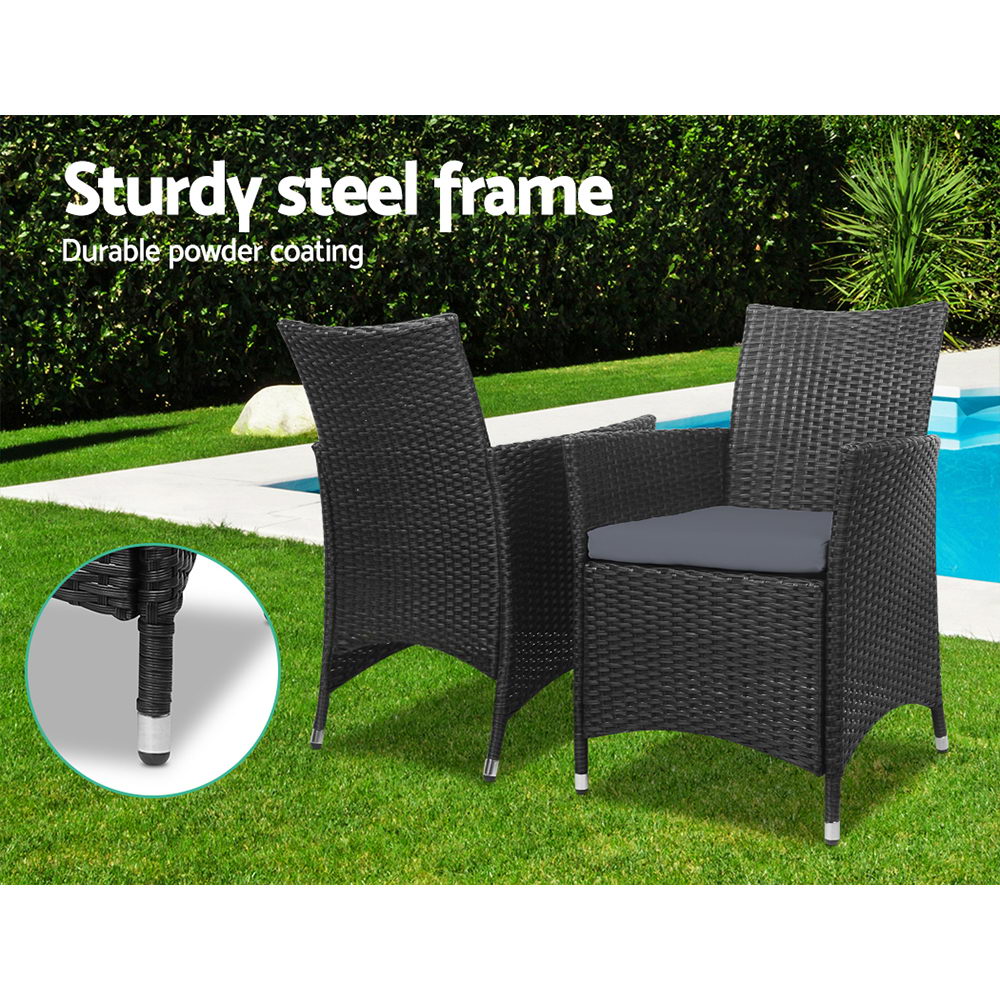 Outdoor Chairs: Gardeon 3PC Outdoor Bistro Set Patio Furniture Wicker Chairs Table Cushion All Black