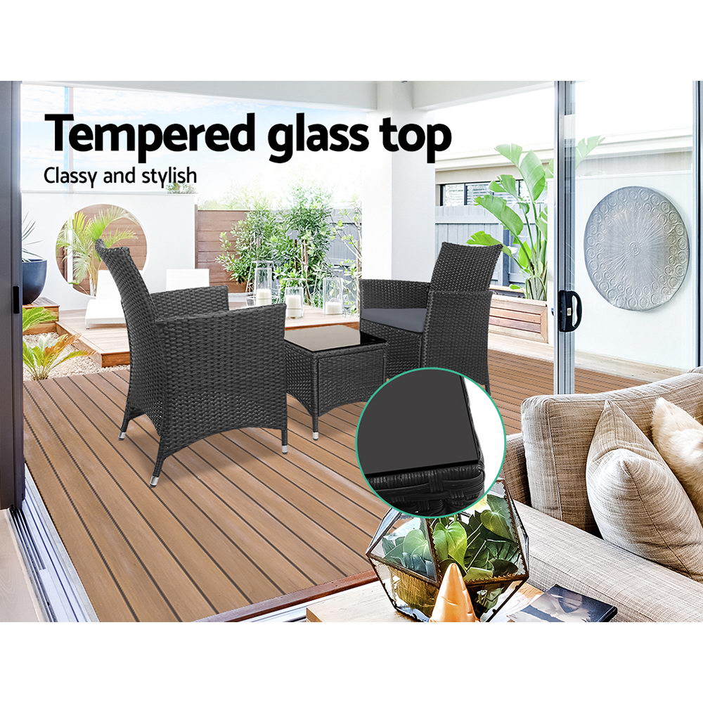 Outdoor Chairs: Gardeon 3PC Outdoor Bistro Set Patio Furniture Wicker Chairs Table Cushion All Black