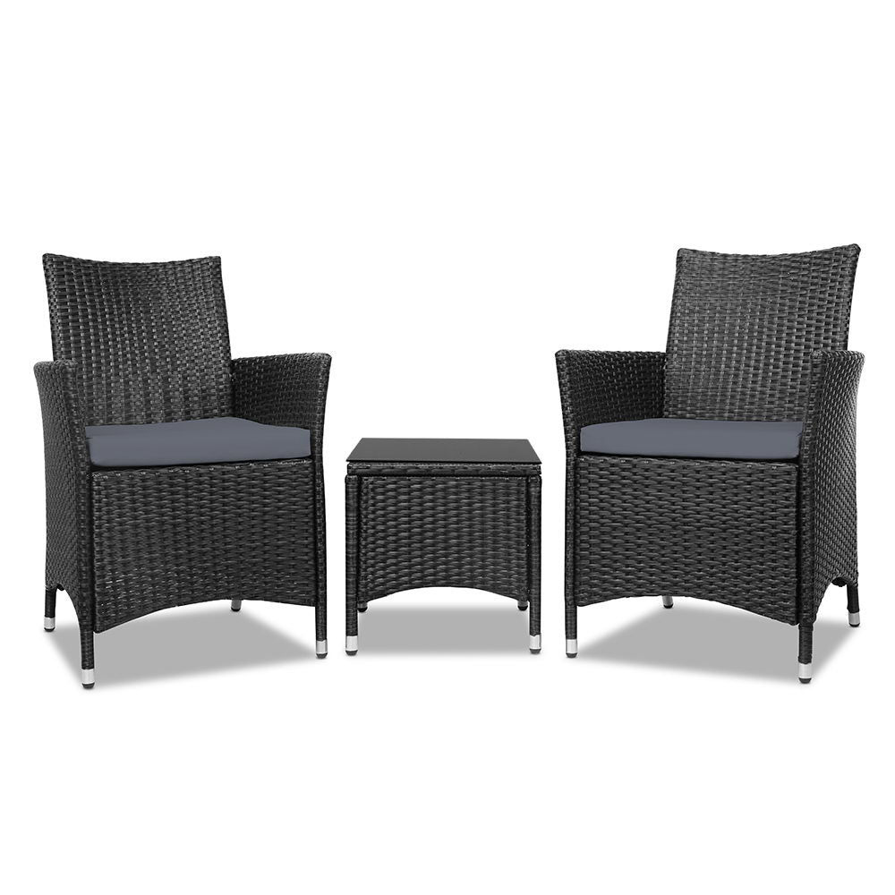Outdoor Chairs: Gardeon 3PC Outdoor Bistro Set Patio Furniture Wicker Chairs Table Cushion All Black