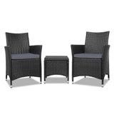 Gardeon 3PC Outdoor Bistro Set Patio Furniture Wicker Chairs Table Cushion All Black