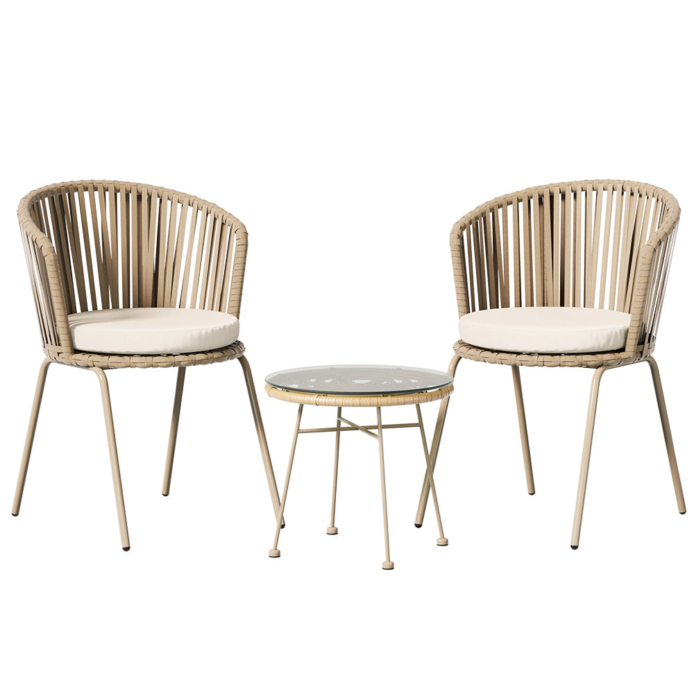 Outdoor Chairs: Gardeon 3PC Outdoor Bistro Set Patio Furniture Rope Setting Chairs Table Beige