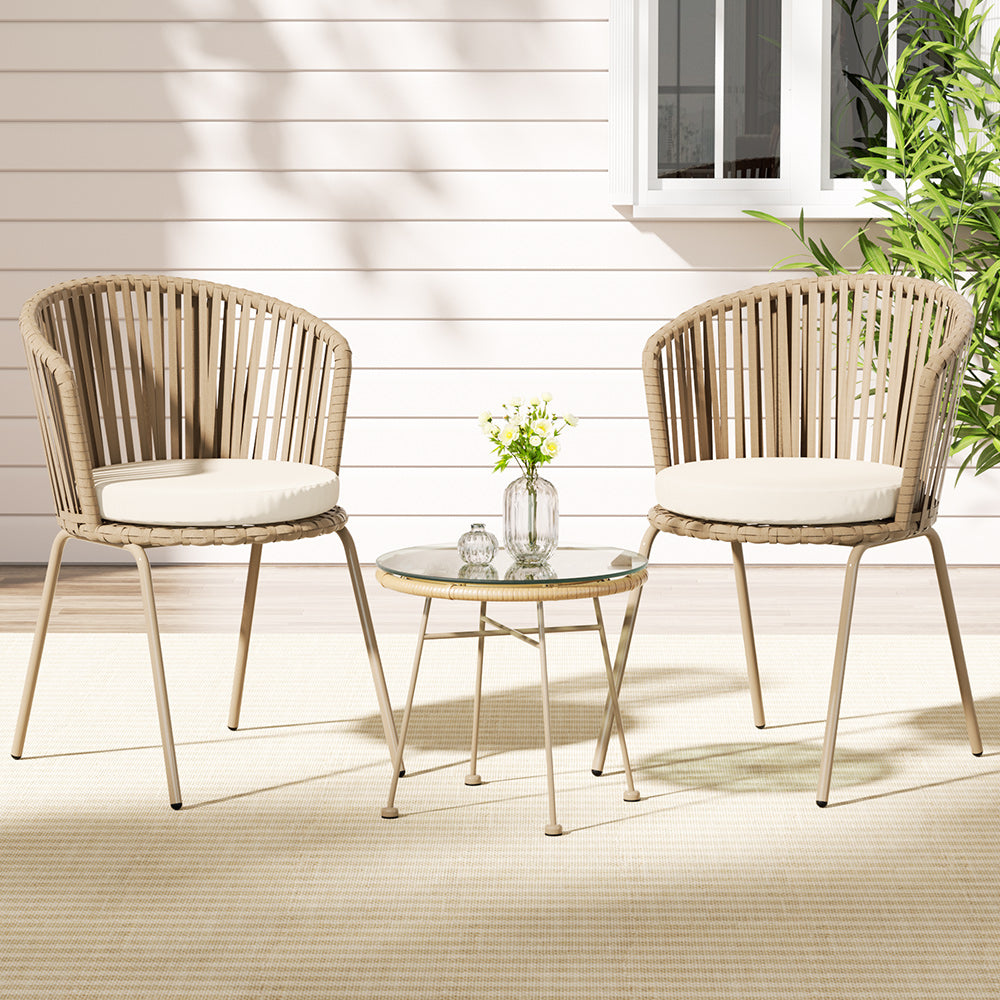 Outdoor Chairs: Gardeon 3PC Outdoor Bistro Set Patio Furniture Rope Setting Chairs Table Beige