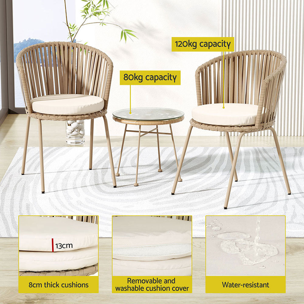 Outdoor Chairs: Gardeon 3PC Outdoor Bistro Set Patio Furniture Rope Setting Chairs Table Beige