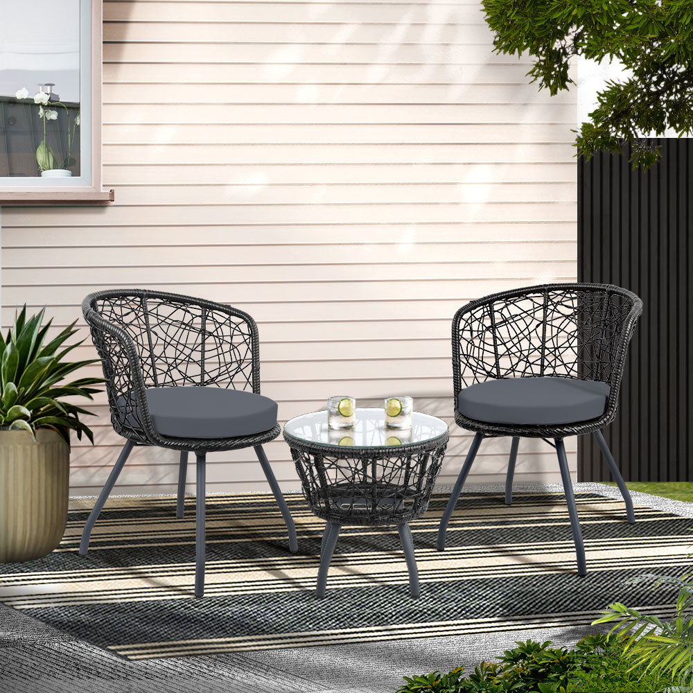 Outdoor Chairs: Gardeon 3PC Bistro Set Outdoor Furniture Rattan Table Chairs Patio Garden Cushion Black