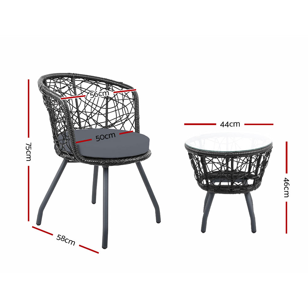 Outdoor Chairs: Gardeon 3PC Bistro Set Outdoor Furniture Rattan Table Chairs Patio Garden Cushion Black