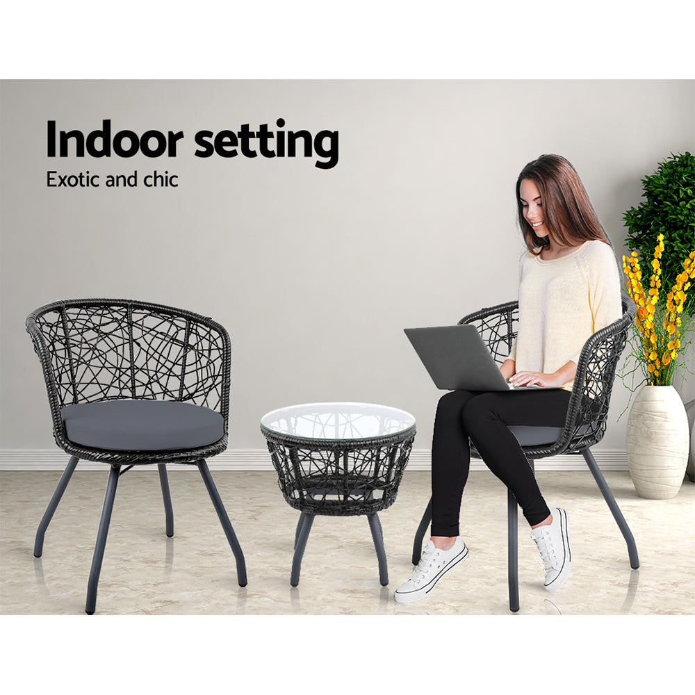 Outdoor Chairs: Gardeon 3PC Bistro Set Outdoor Furniture Rattan Table Chairs Patio Garden Cushion Black