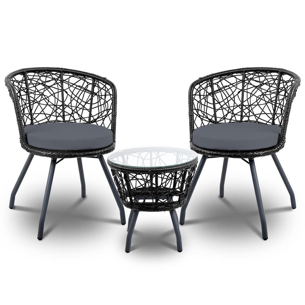 Outdoor Chairs: Gardeon 3PC Bistro Set Outdoor Furniture Rattan Table Chairs Patio Garden Cushion Black