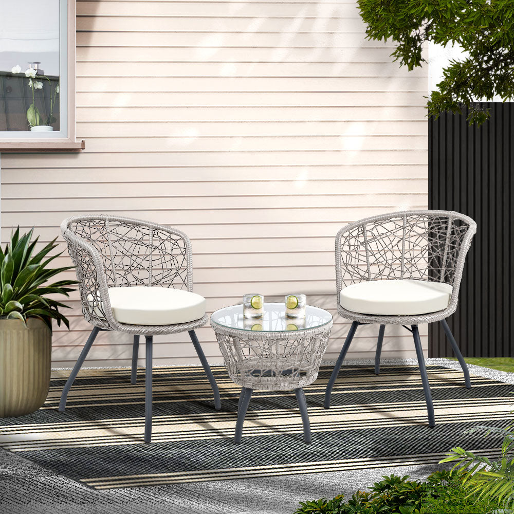 Outdoor Chairs: Gardeon 3PC Bistro Set Outdoor Furniture Rattan Table Chairs Patio Garden Cushion Grey