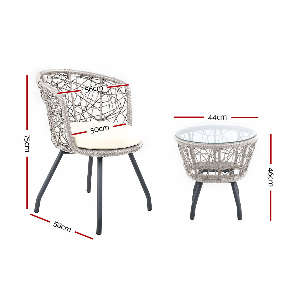 Outdoor Chairs: Gardeon 3PC Bistro Set Outdoor Furniture Rattan Table Chairs Patio Garden Cushion Grey