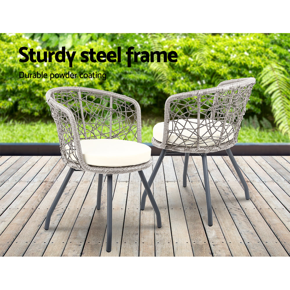 Outdoor Chairs: Gardeon 3PC Bistro Set Outdoor Furniture Rattan Table Chairs Patio Garden Cushion Grey
