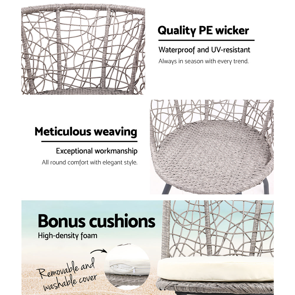 Outdoor Chairs: Gardeon 3PC Bistro Set Outdoor Furniture Rattan Table Chairs Patio Garden Cushion Grey