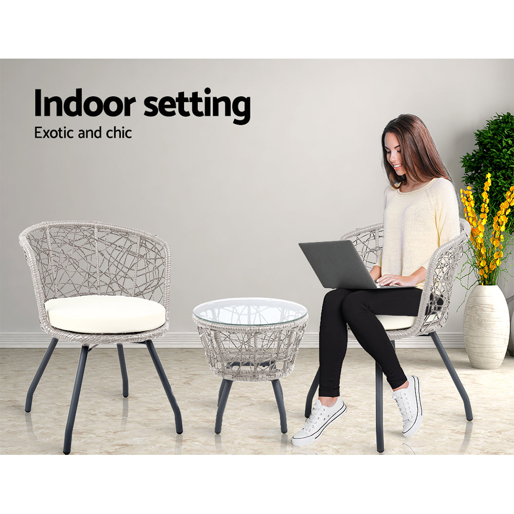Outdoor Chairs: Gardeon 3PC Bistro Set Outdoor Furniture Rattan Table Chairs Patio Garden Cushion Grey