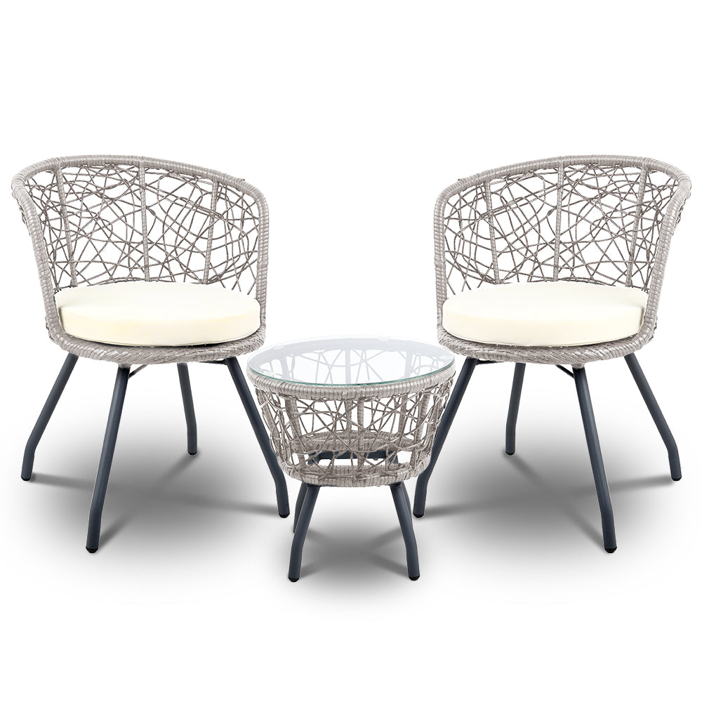 Outdoor Chairs: Gardeon 3PC Bistro Set Outdoor Furniture Rattan Table Chairs Patio Garden Cushion Grey