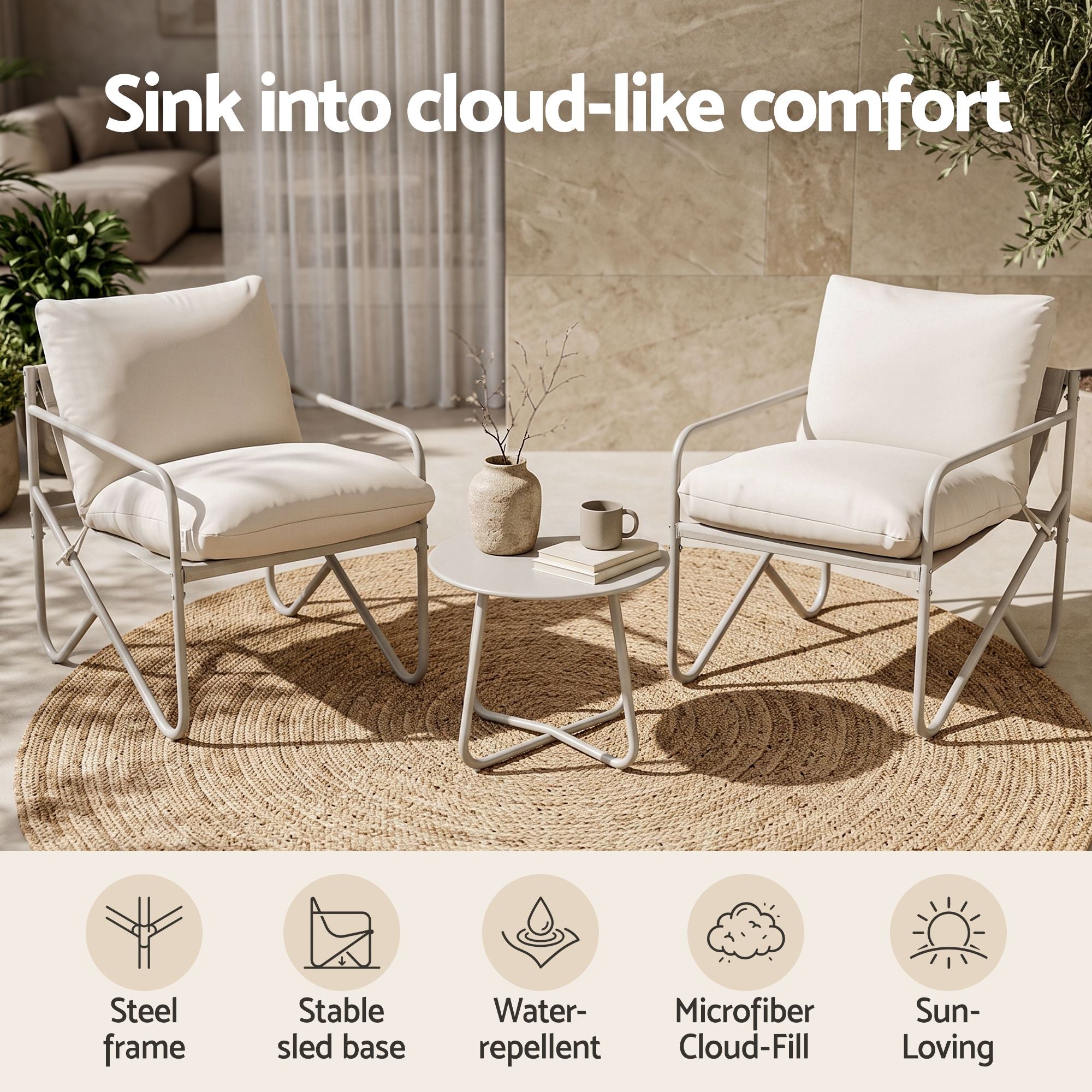 Gardeon Outdoor Bistro Set 3 Piece Patio Furniture Conversation Table and Chairs Khaki
