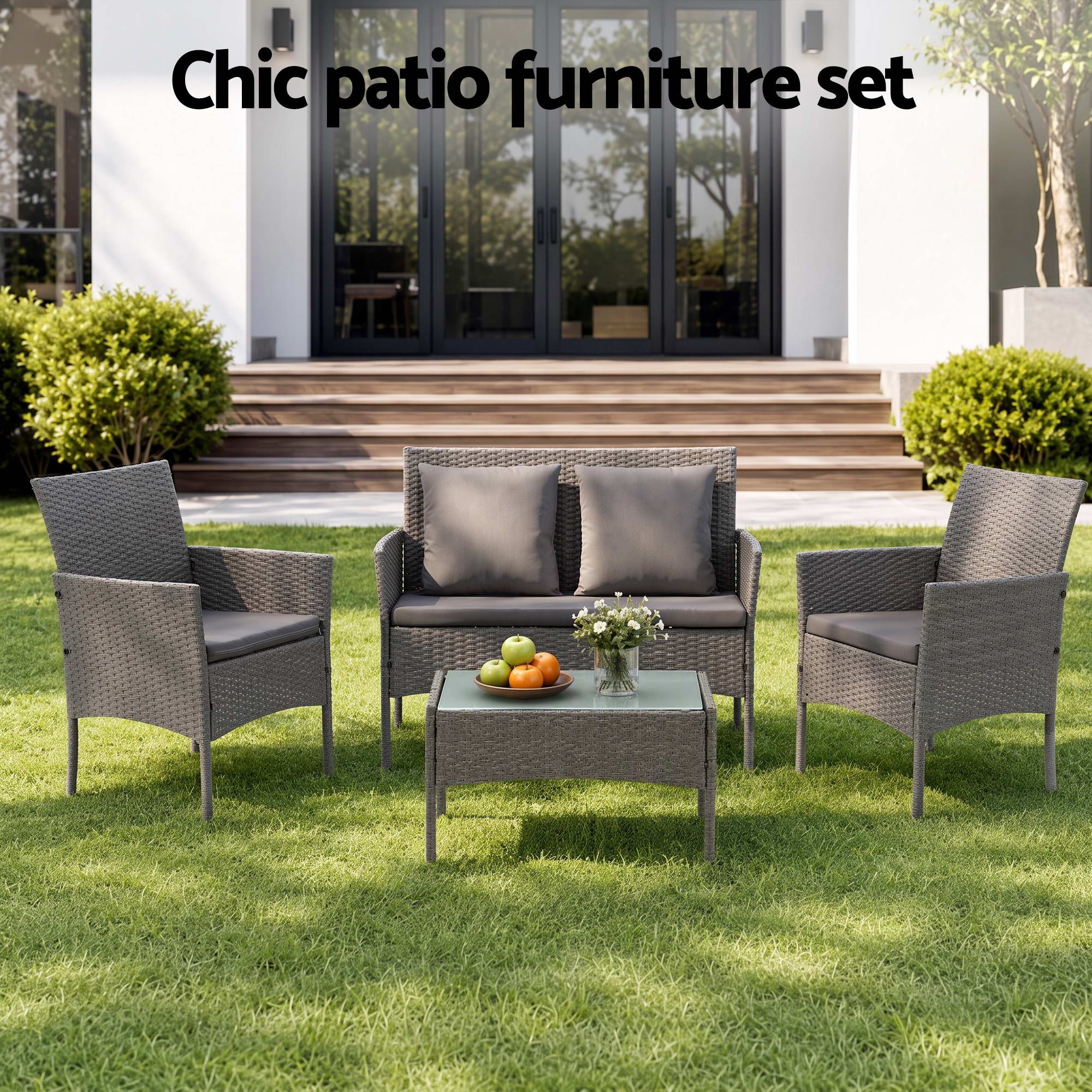Gardeon 4-Piece Outdoor Sofa Set Rattan Furniture with Two Pillows Grey