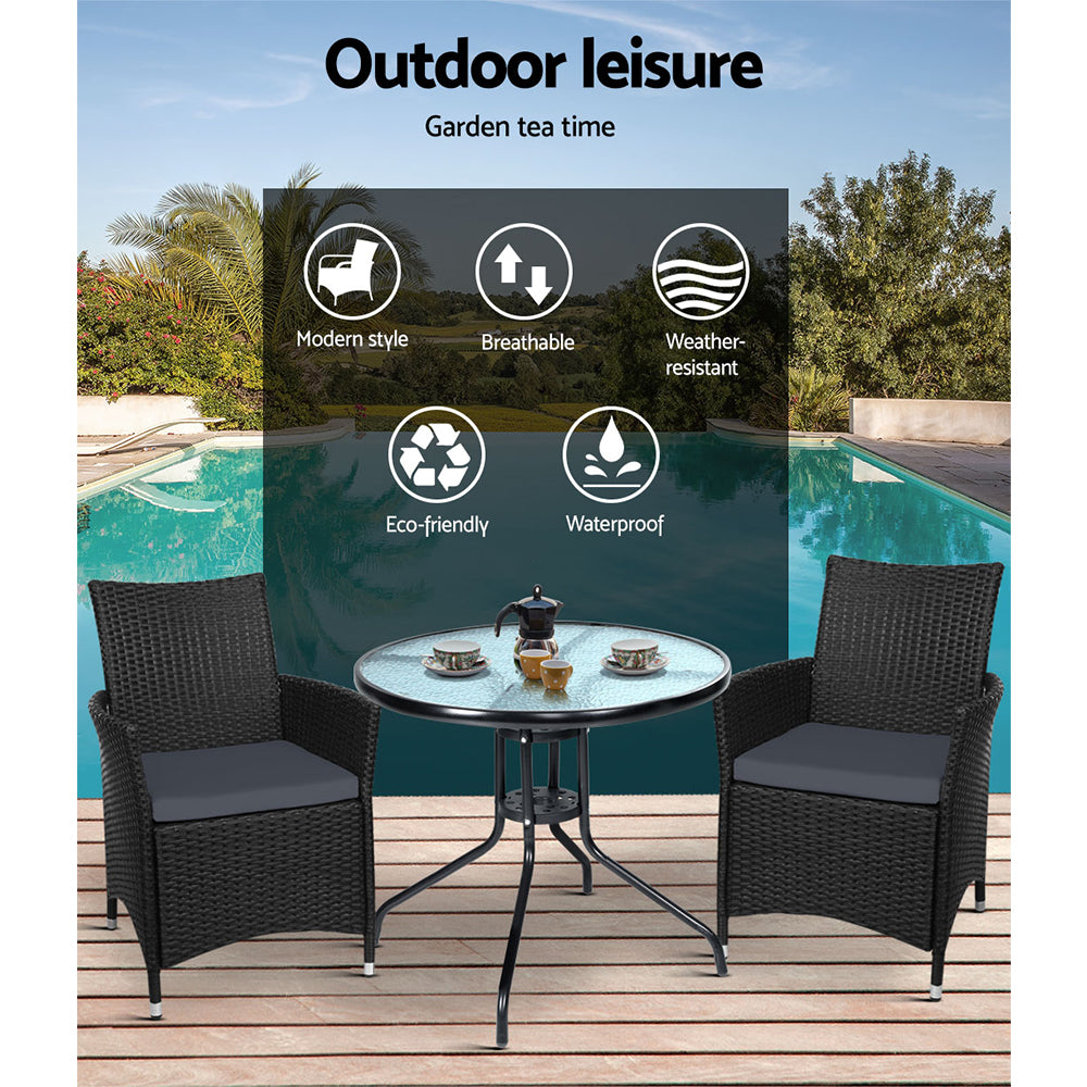 Outdoor Chairs: Gardeon 3PC Bistro Set Outdoor Furniture Rattan Table Chairs Cushion Patio Garden Idris