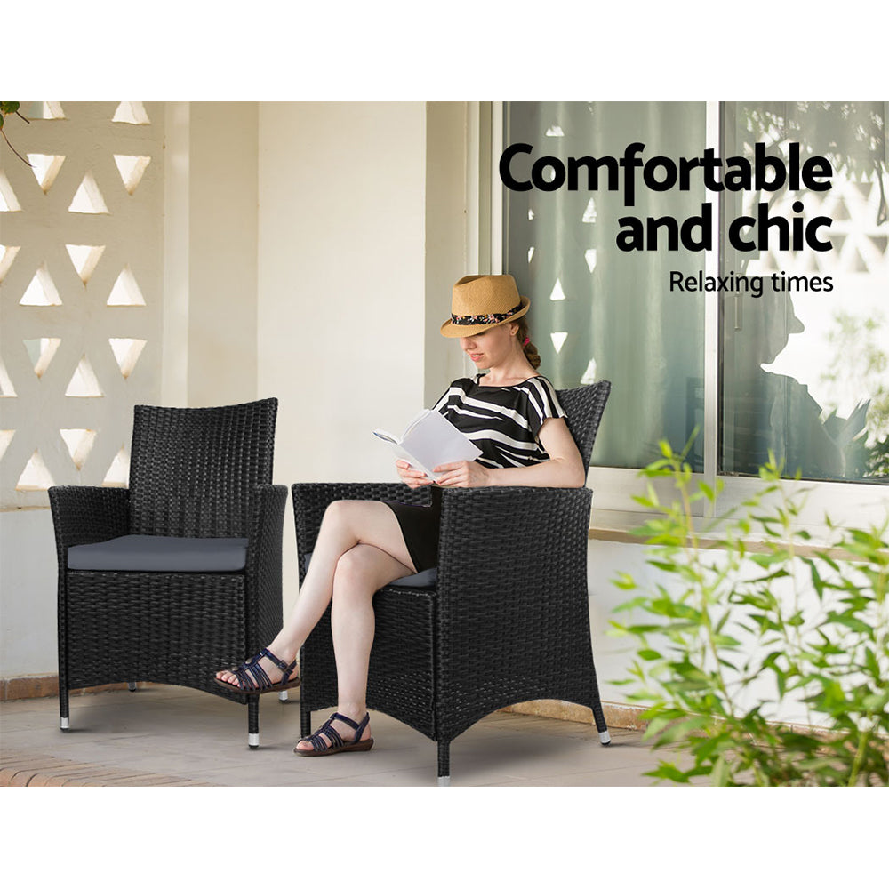 Outdoor Chairs: Gardeon 3PC Bistro Set Outdoor Furniture Rattan Table Chairs Cushion Patio Garden Idris