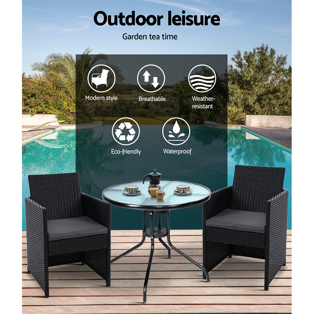 Outdoor Chairs: Gardeon 3PC Bistro Set Outdoor Furniture Rattan Table Chairs Cushion Patio Garden Hugo