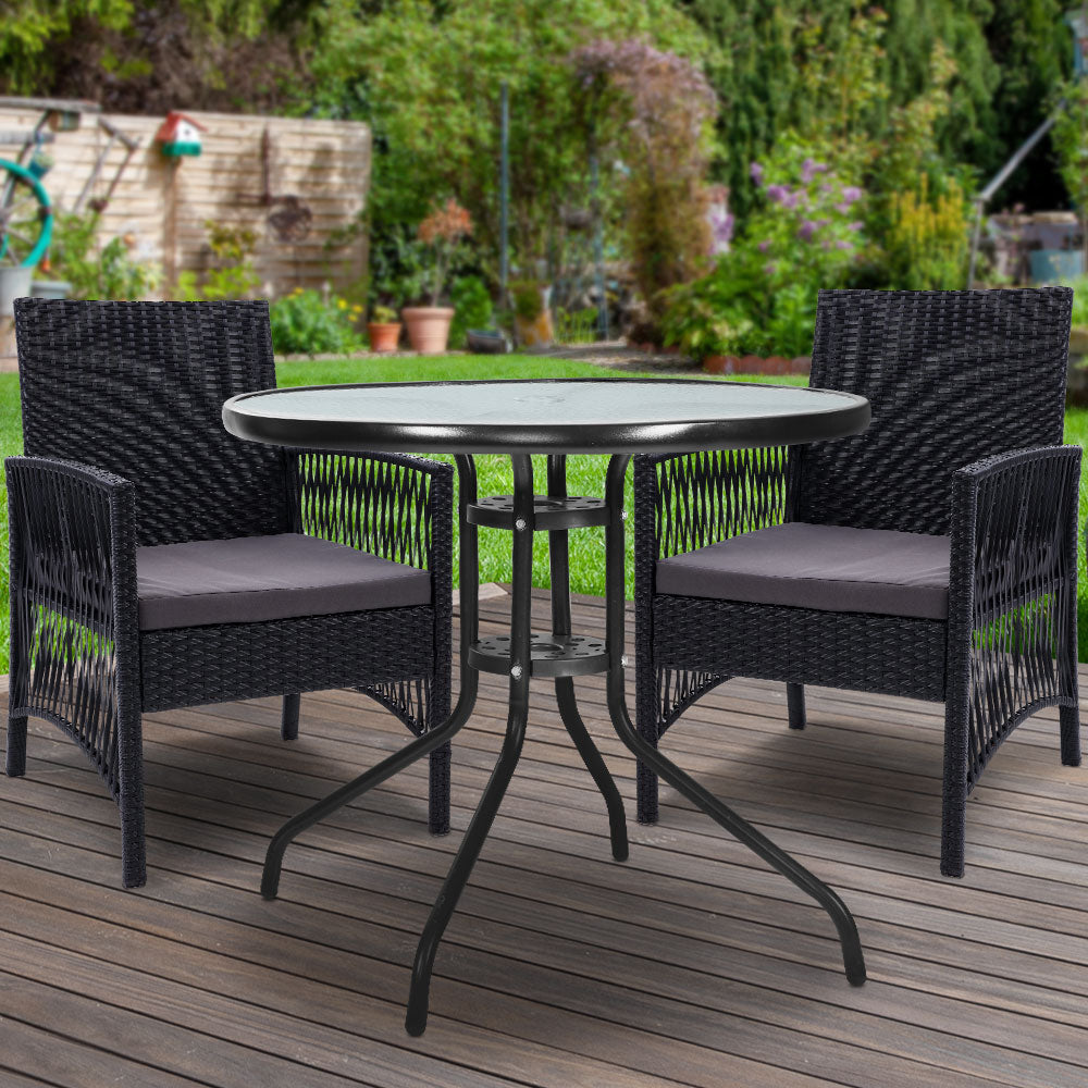 Outdoor Chairs: Gardeon 3PC Bistro Set Outdoor Furniture Rattan Table Chairs Cushion Patio Garden Lyra