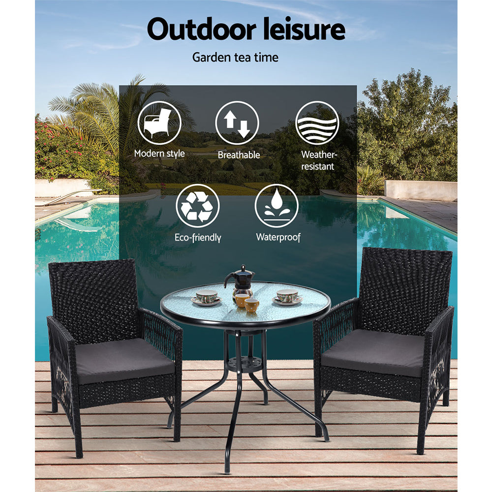 Outdoor Chairs: Gardeon 3PC Bistro Set Outdoor Furniture Rattan Table Chairs Cushion Patio Garden Lyra