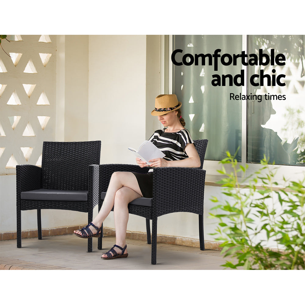 Outdoor Chairs: Gardeon 3PC Bistro Set Outdoor Furniture Rattan Table Chairs Cushion Patio Garden Ezra