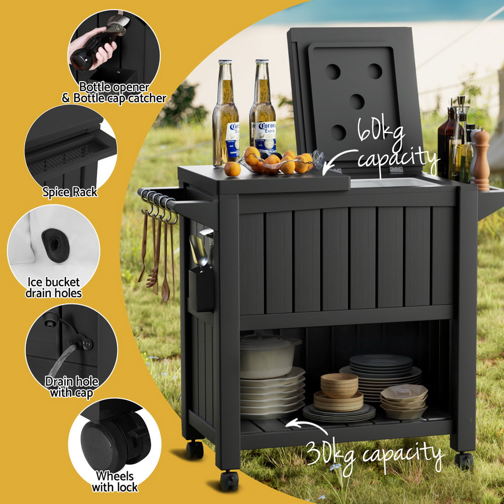 Outdoor Storage Boxes: Gardeon Outdoor Storage Cabinet Box 80L Ice Bucket Cooler Rolling Serving Cart Kitchen Trolley
