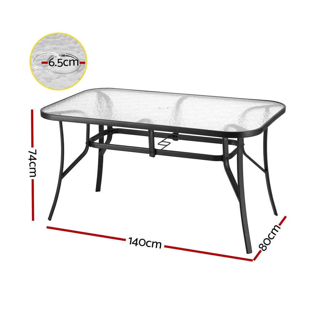 Outdoor Tables: Gardeon 140CM Outdoor Dining Table Steel Frame Tempered Glass Parasol Hole Black