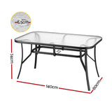 Outdoor Tables: Gardeon 140CM Outdoor Dining Table Steel Frame Tempered Glass Parasol Hole Black