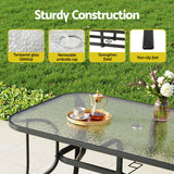 Outdoor Tables: Gardeon 140CM Outdoor Dining Table Steel Frame Tempered Glass Parasol Hole Black