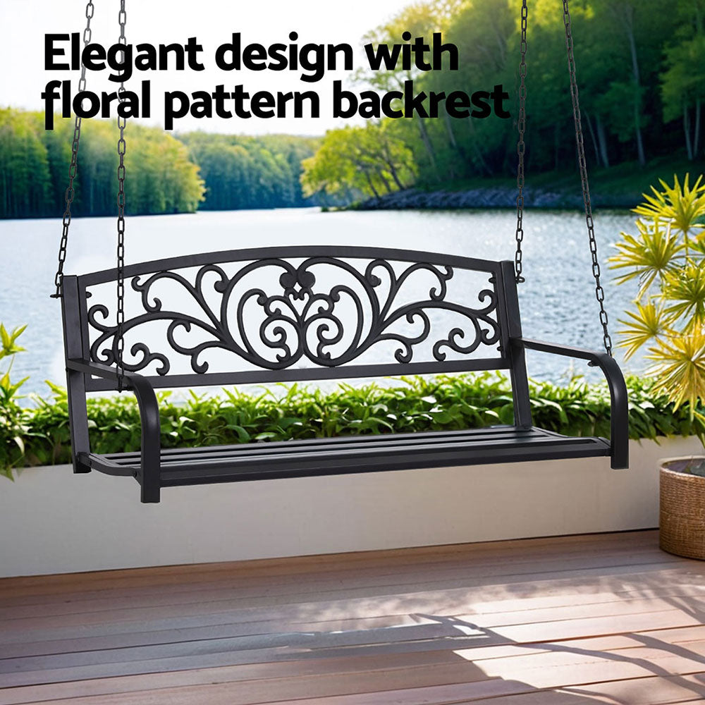Outdoor Benches: Gardeon Outdoor Porch Swing Chair Patio Furniture Floral Backrest 2 Seater Black