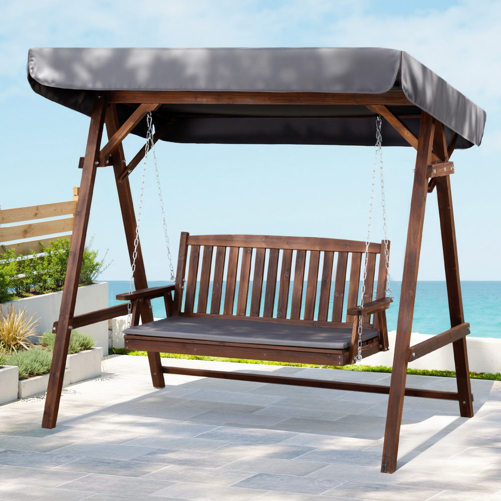 Outdoor Chairs: Gardeon Wooden Swing Chair Garden Bench Canopy 3 Seater Outdoor Furniture