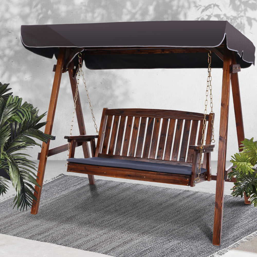 Outdoor Chairs: Gardeon Wooden Swing Chair Garden Bench Canopy 3 Seater Outdoor Furniture