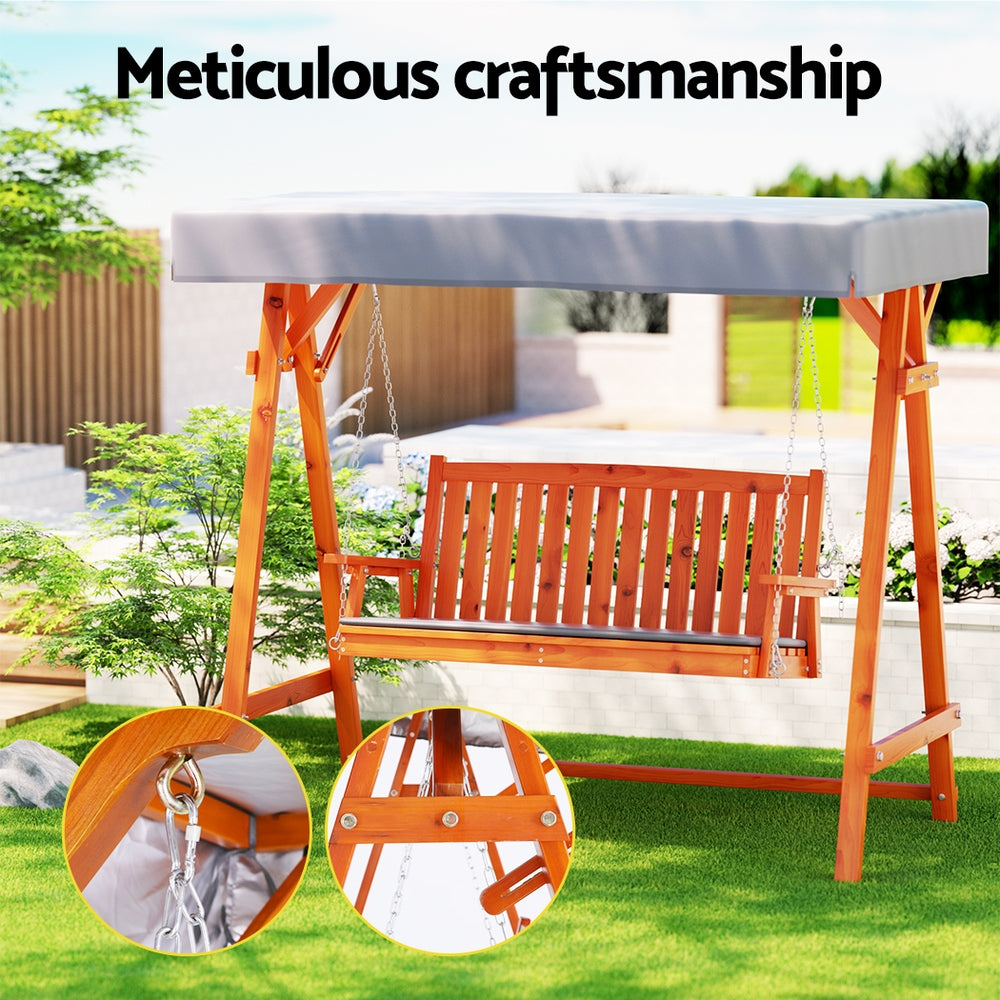 Outdoor Chairs: Gardeon Outdoor Wooden Swing Chair Garden Bench Canopy Cushion 3 Seater Teak