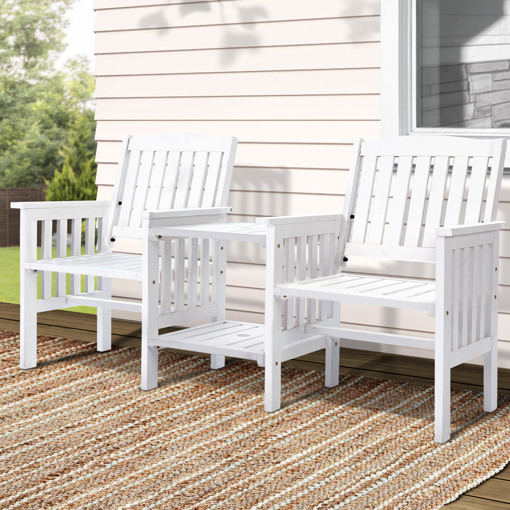 Outdoor Chairs: Gardeon Outdoor Garden Bench Loveseat Wooden Table Chairs Patio Furniture White