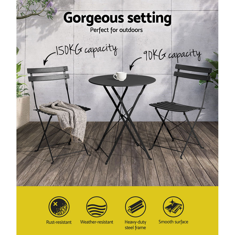 Outdoor Chairs: Gardeon 3PC Outdoor Bistro Set Steel Table and Chairs Patio Furniture Black