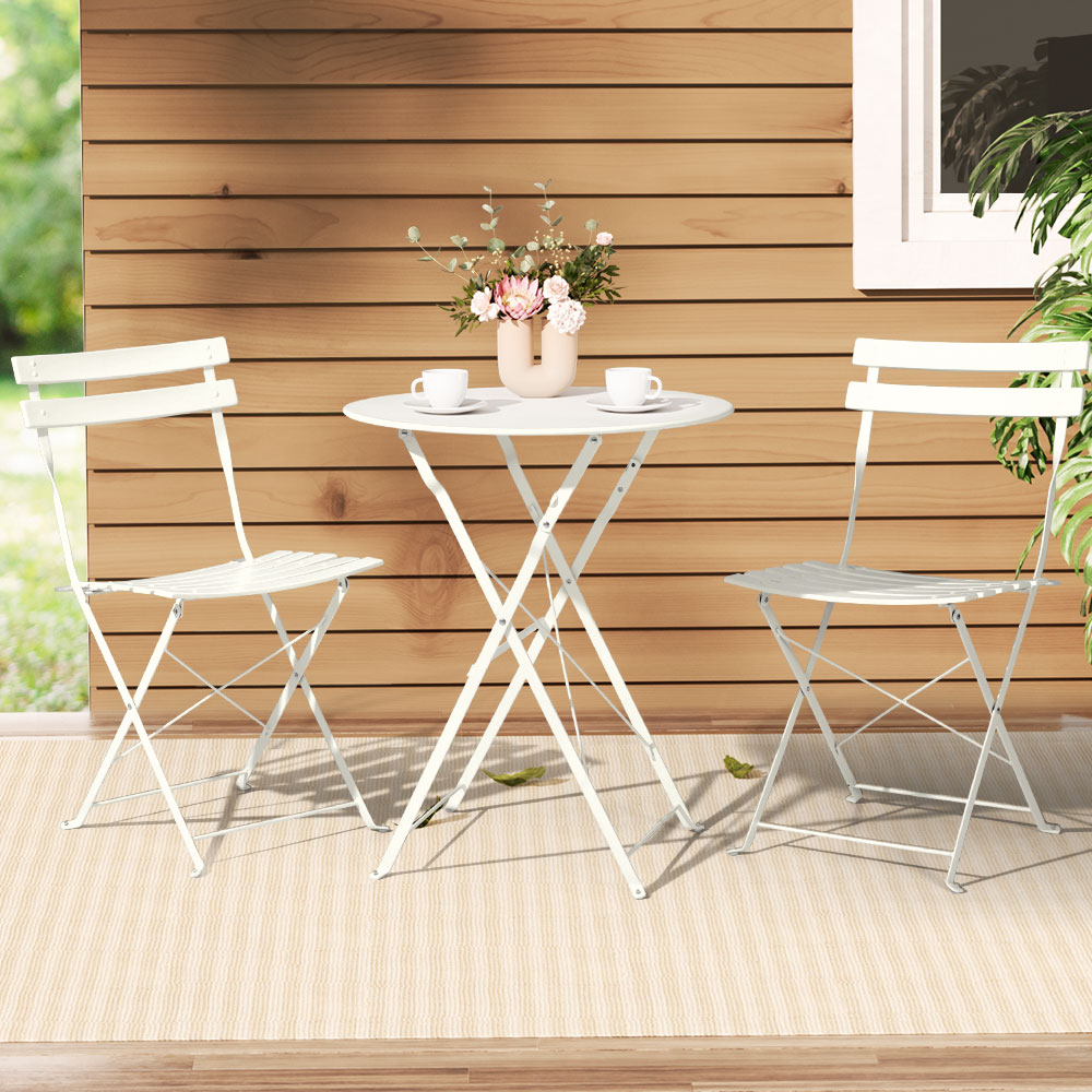 Outdoor Chairs: Gardeon 3PC Outdoor Bistro Set Steel Table and Chairs Patio Furniture White