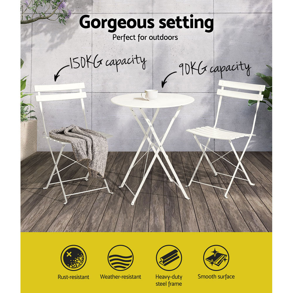 Outdoor Chairs: Gardeon 3PC Outdoor Bistro Set Steel Table and Chairs Patio Furniture White